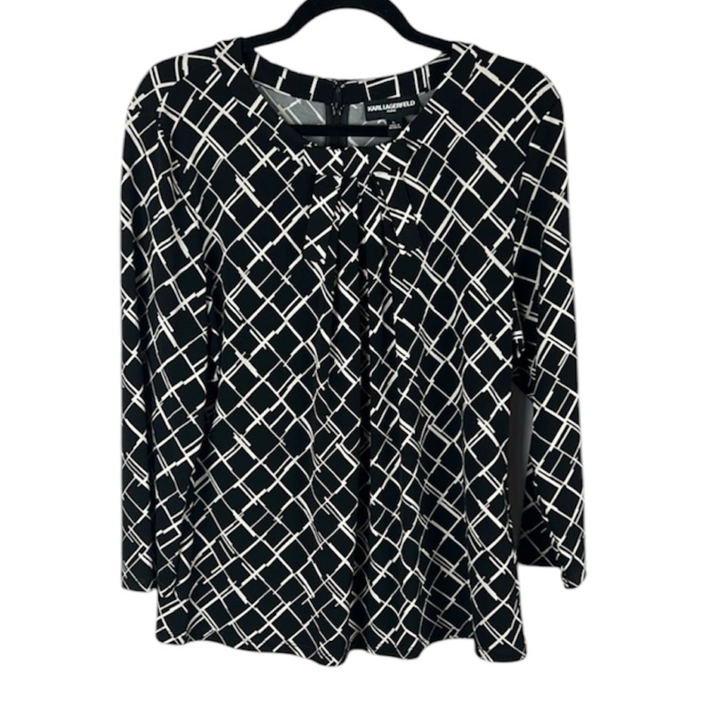 Karl Lagerfeld Classic Geometric Bow Long Sleeve Blouse Large Black White